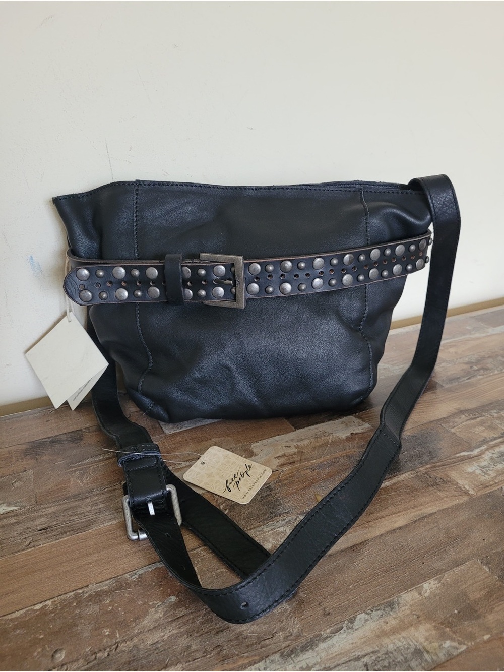 Free People NWT Embellished Leather Black Bucket crossbody bag - Picture 4 of 8